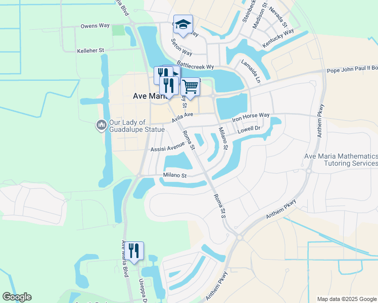 map of restaurants, bars, coffee shops, grocery stores, and more near 5157 Roma Street South in Ave Maria