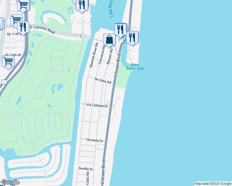 map of restaurants, bars, coffee shops, grocery stores, and more near 1298 South Ocean Boulevard in Boca Raton