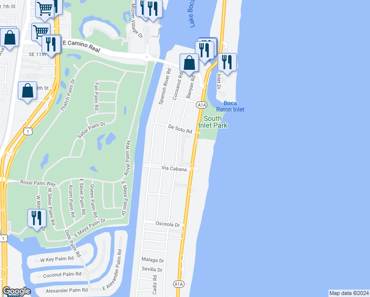 map of restaurants, bars, coffee shops, grocery stores, and more near 1298 South Ocean Boulevard in Boca Raton