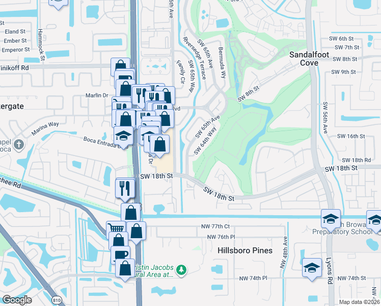 map of restaurants, bars, coffee shops, grocery stores, and more near 1721 Southwest 65th Avenue in Boca Raton
