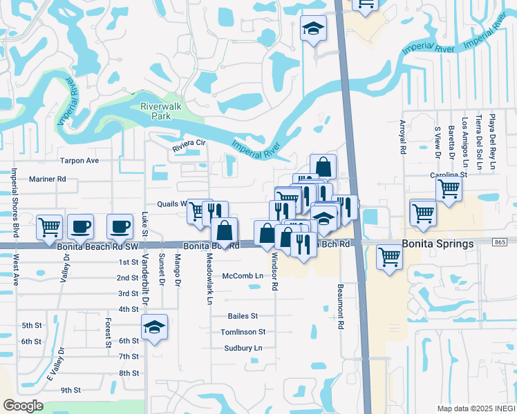 map of restaurants, bars, coffee shops, grocery stores, and more near 27870 Windsor Road in Bonita Springs
