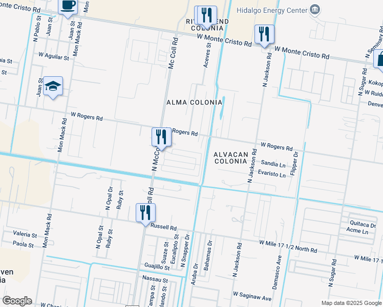 map of restaurants, bars, coffee shops, grocery stores, and more near 2613 Larkspur Avenue in Edinburg