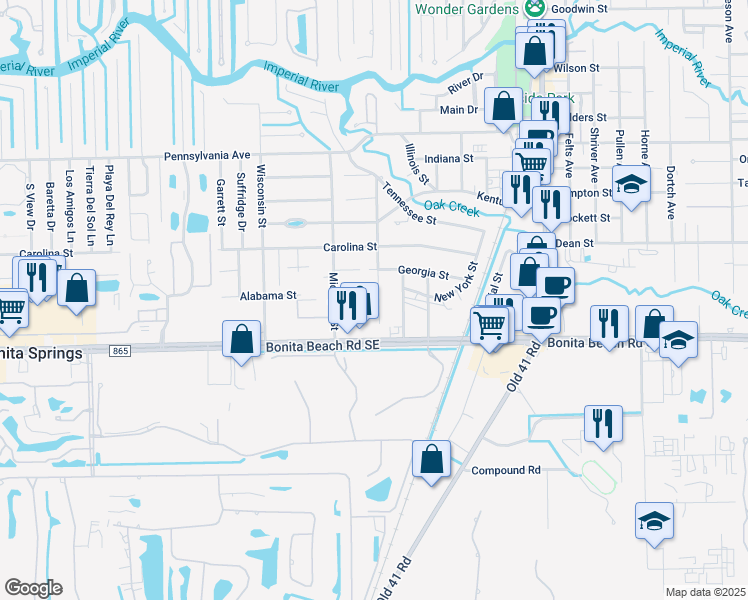 map of restaurants, bars, coffee shops, grocery stores, and more near 27810 Washington Street in Bonita Springs