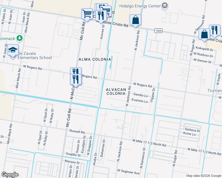 map of restaurants, bars, coffee shops, grocery stores, and more near 2419 Alvacan Street in Edinburg