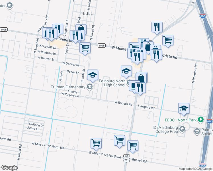 map of restaurants, bars, coffee shops, grocery stores, and more near 3006 North Franklin Road in Edinburg