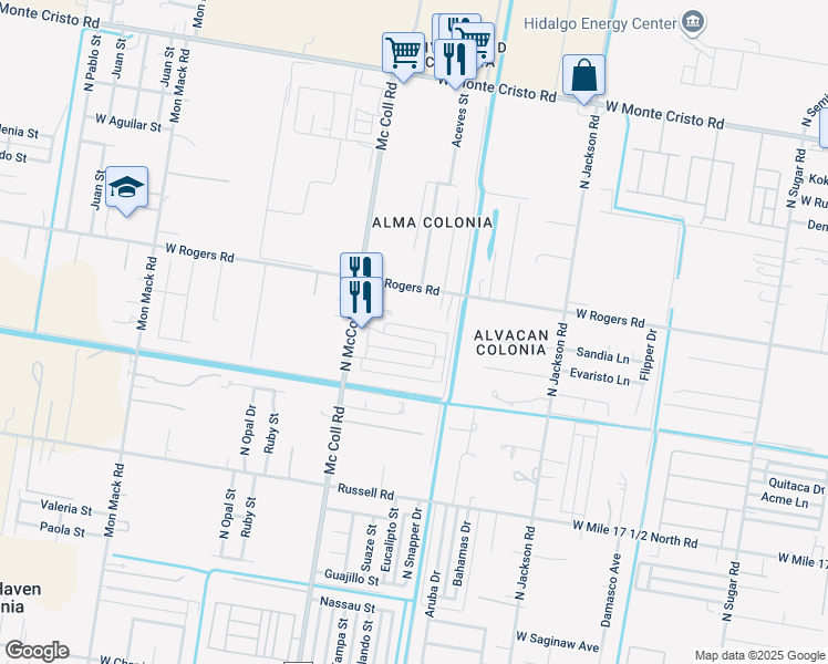 map of restaurants, bars, coffee shops, grocery stores, and more near 2703 Larkspur Avenue in Edinburg