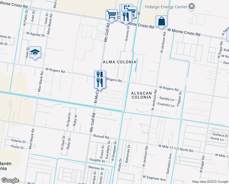 map of restaurants, bars, coffee shops, grocery stores, and more near 2613 Larkspur Avenue in Edinburg