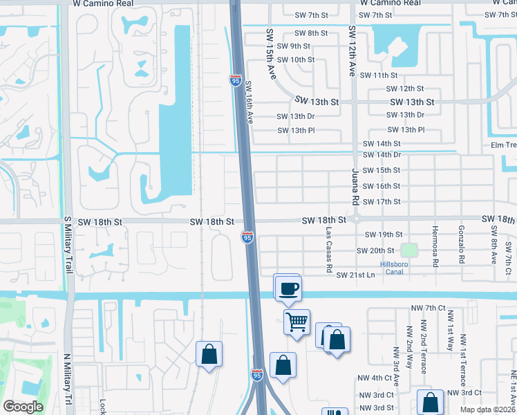 map of restaurants, bars, coffee shops, grocery stores, and more near 1598 Southwest 17th Street in Boca Raton