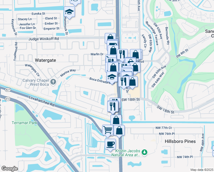 map of restaurants, bars, coffee shops, grocery stores, and more near 10110 Boca Entrada Boulevard in Boca Raton
