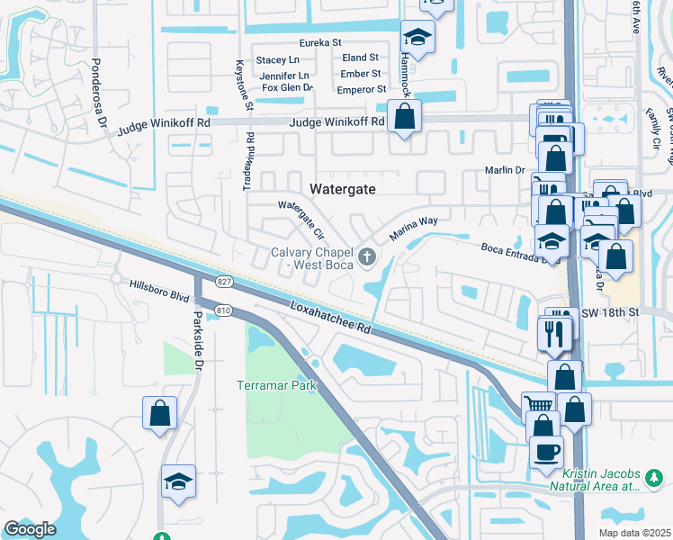 map of restaurants, bars, coffee shops, grocery stores, and more near 23135 Rainbow Road in Boca Raton