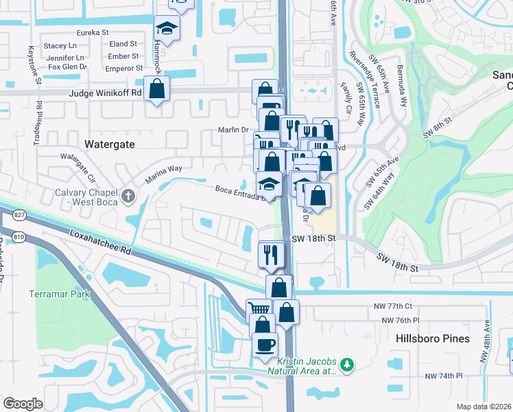 map of restaurants, bars, coffee shops, grocery stores, and more near 10110 Boca Entrada Boulevard in Boca Raton