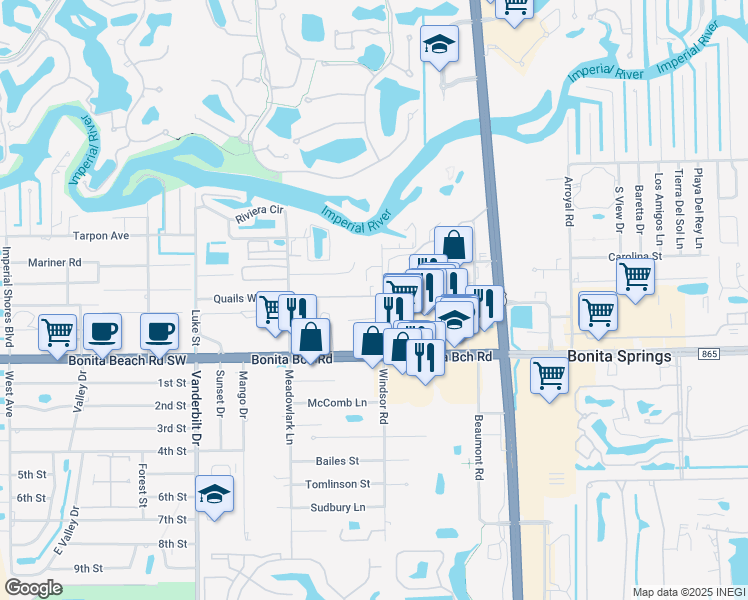 map of restaurants, bars, coffee shops, grocery stores, and more near 27870 Windsor Road in Bonita Springs