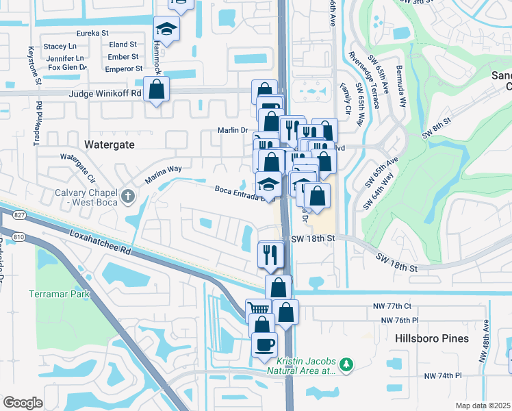 map of restaurants, bars, coffee shops, grocery stores, and more near 10110 Boca Entrada Boulevard in Boca Raton