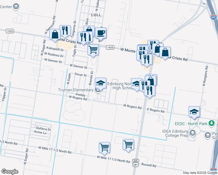 map of restaurants, bars, coffee shops, grocery stores, and more near 2921 North Edison Avenue in Edinburg