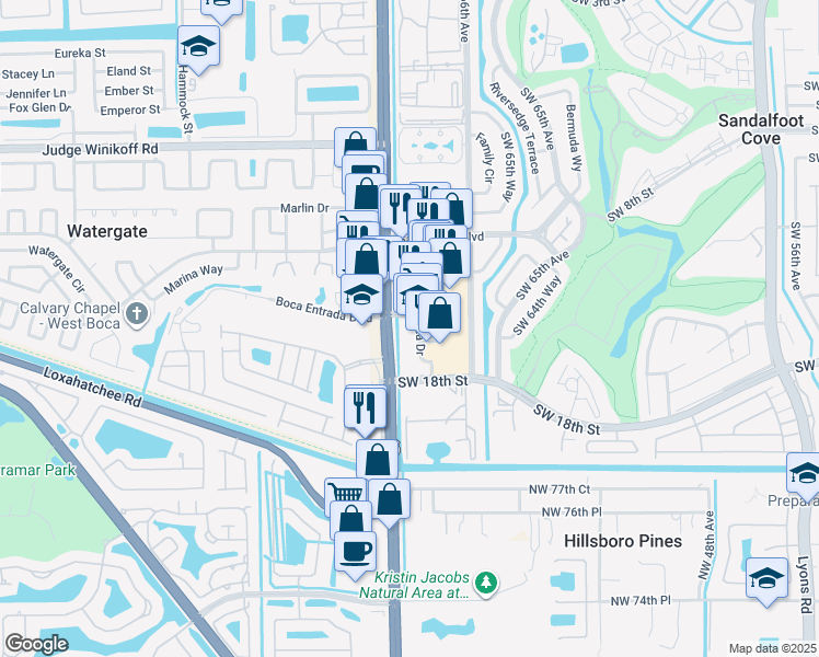 map of restaurants, bars, coffee shops, grocery stores, and more near 23073 Sandalfoot Plaza Drive in Boca Raton