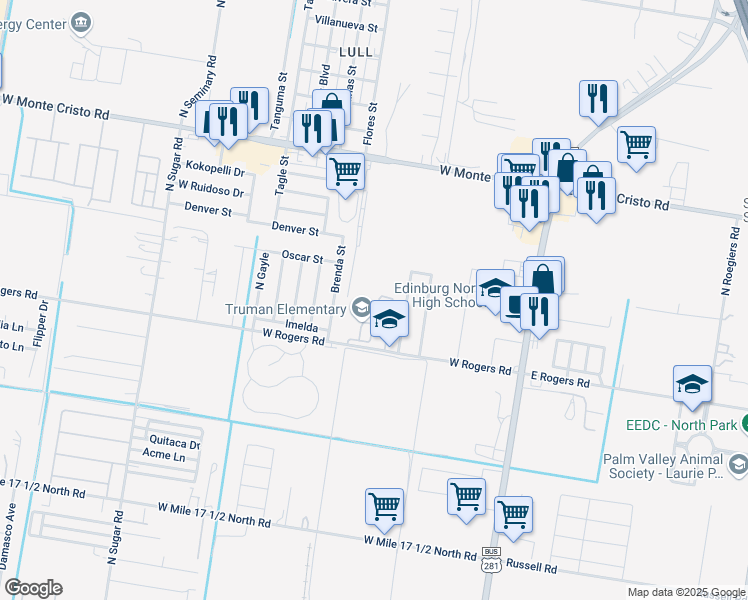 map of restaurants, bars, coffee shops, grocery stores, and more near 701 West Rogers Road in Edinburg