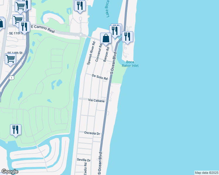 map of restaurants, bars, coffee shops, grocery stores, and more near 1298 South Ocean Boulevard in Boca Raton