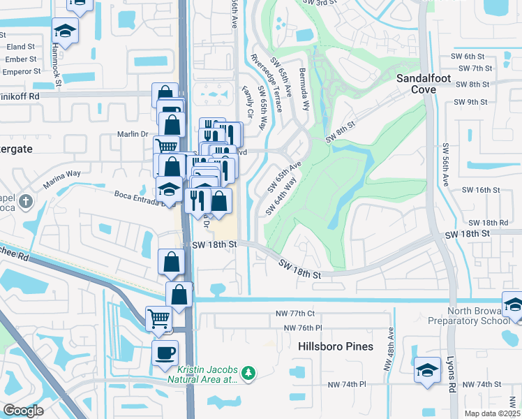 map of restaurants, bars, coffee shops, grocery stores, and more near 1721 Southwest 65th Avenue in Boca Raton