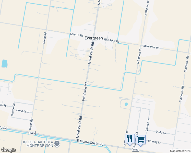 map of restaurants, bars, coffee shops, grocery stores, and more near 21612 North Val Verde Road in Edinburg
