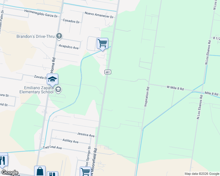 map of restaurants, bars, coffee shops, grocery stores, and more near 9230 North Moorefield Road in Mission