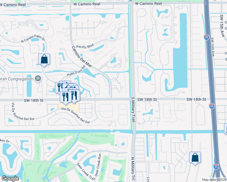 map of restaurants, bars, coffee shops, grocery stores, and more near 23200 Camino Del Mar in Boca Raton
