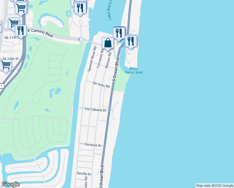 map of restaurants, bars, coffee shops, grocery stores, and more near 1200 South Ocean Boulevard in Boca Raton