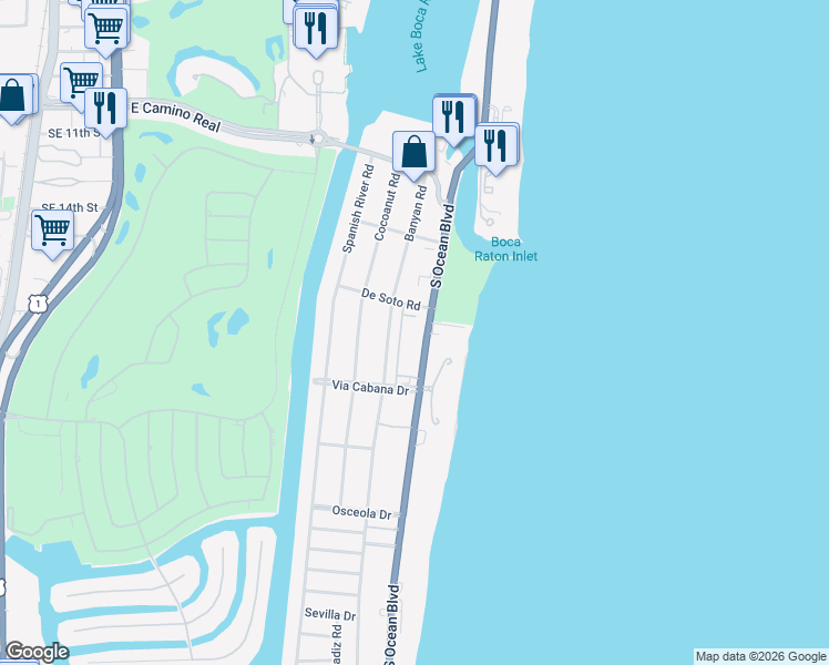 map of restaurants, bars, coffee shops, grocery stores, and more near 1298 South Ocean Boulevard in Boca Raton