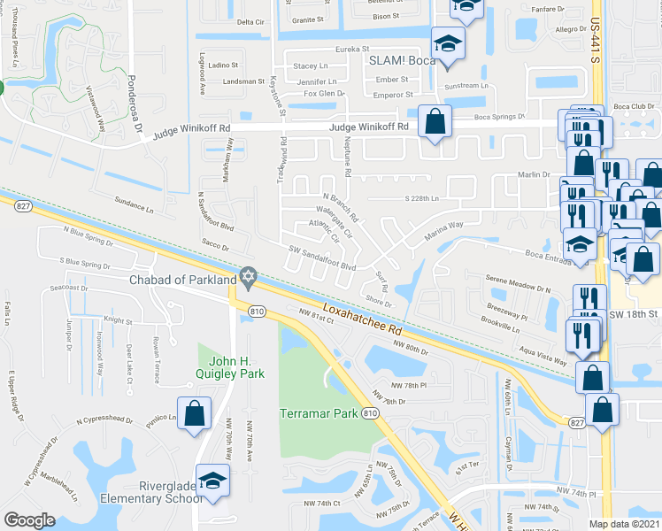 map of restaurants, bars, coffee shops, grocery stores, and more near 11831 Leeward Place in Boca Raton