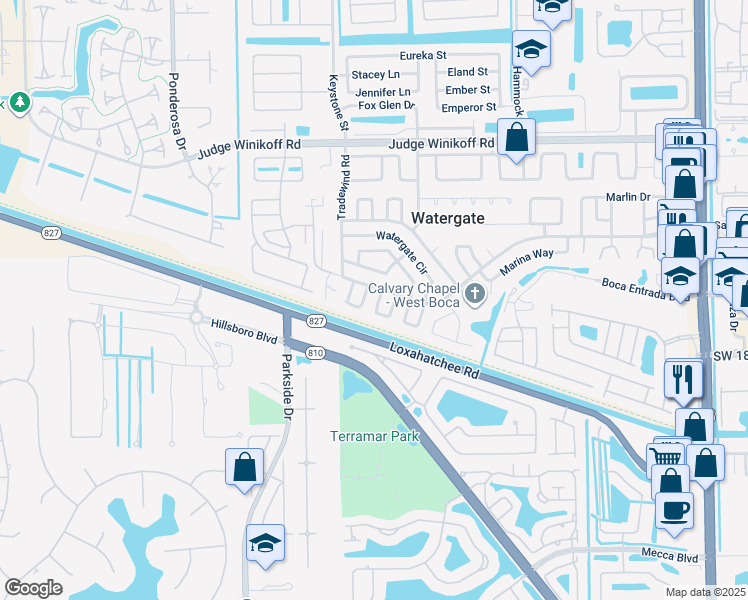 map of restaurants, bars, coffee shops, grocery stores, and more near 11901 Cove Place in Boca Raton
