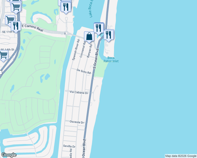 map of restaurants, bars, coffee shops, grocery stores, and more near 1200 South Ocean Boulevard in Boca Raton