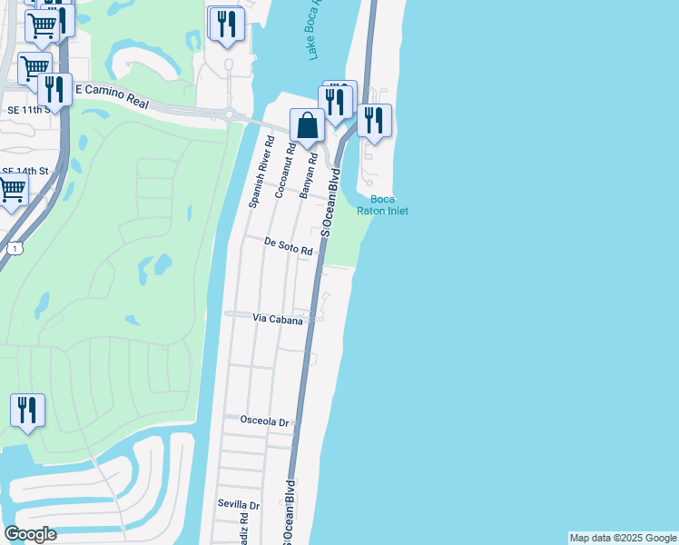 map of restaurants, bars, coffee shops, grocery stores, and more near 1180 South Ocean Boulevard in Boca Raton