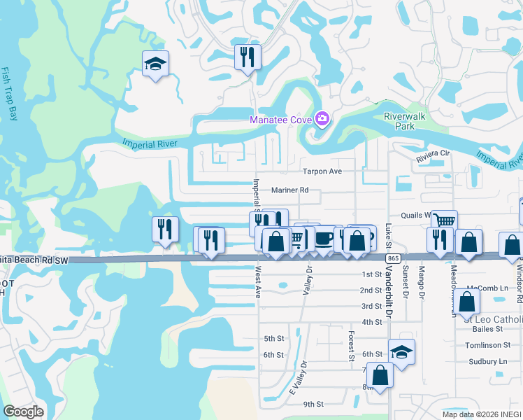 map of restaurants, bars, coffee shops, grocery stores, and more near 4472 Pine Lake Road in Bonita Springs