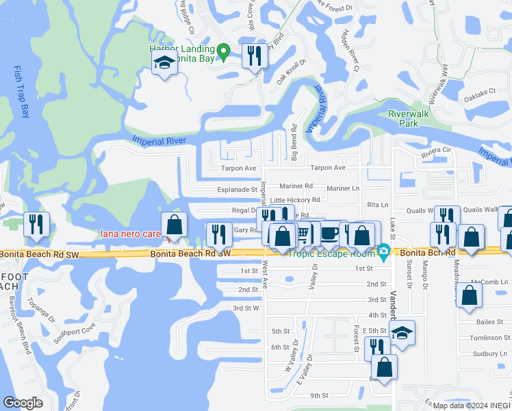 map of restaurants, bars, coffee shops, grocery stores, and more near 4810 Regal Drive in Bonita Springs