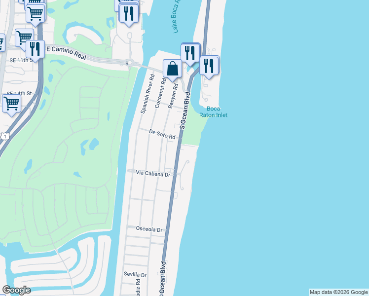 map of restaurants, bars, coffee shops, grocery stores, and more near 1200 South Ocean Boulevard in Boca Raton