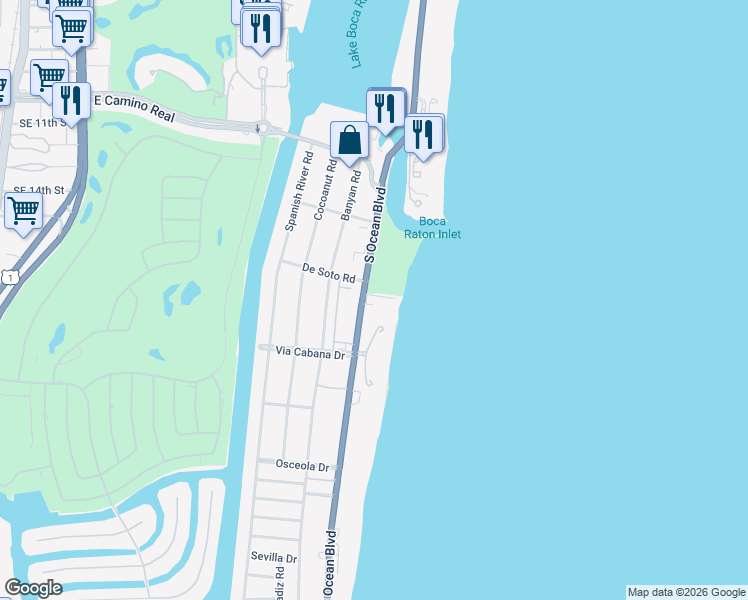 map of restaurants, bars, coffee shops, grocery stores, and more near 1200 South Ocean Boulevard in Boca Raton