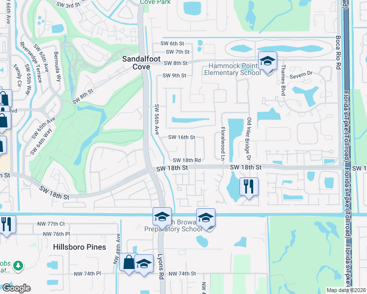 map of restaurants, bars, coffee shops, grocery stores, and more near 23139 Southwest 54th Avenue in Boca Raton