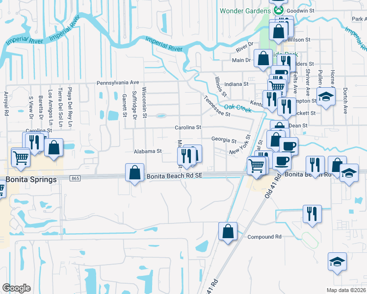 map of restaurants, bars, coffee shops, grocery stores, and more near 9932 Alabama Street in Bonita Springs