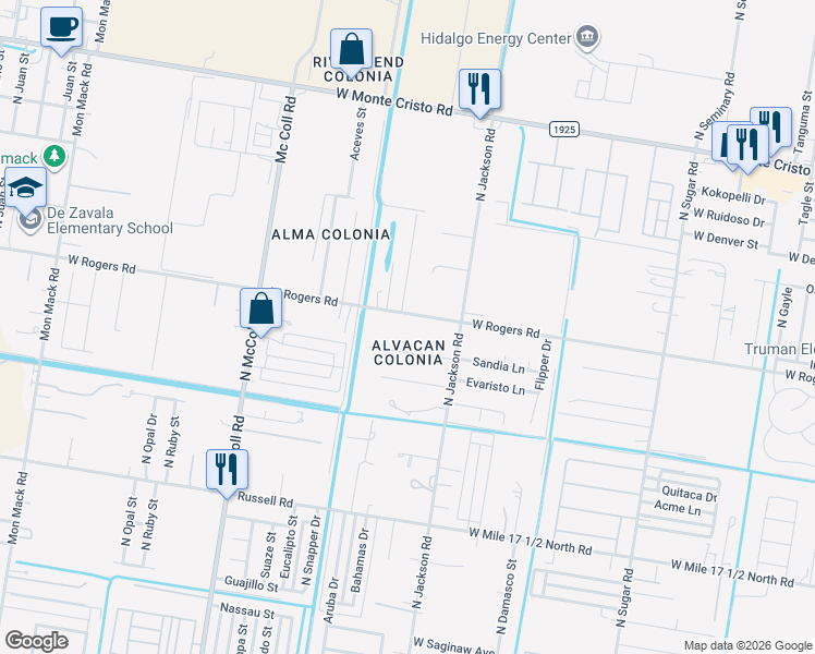 map of restaurants, bars, coffee shops, grocery stores, and more near 2419 Alvacan Street in Edinburg