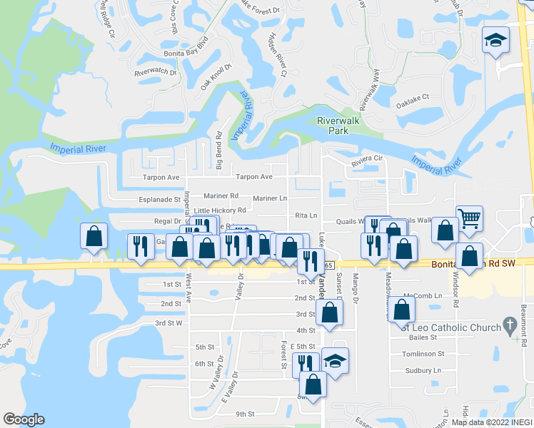 map of restaurants, bars, coffee shops, grocery stores, and more near 4222 Rita Lane in Bonita Springs