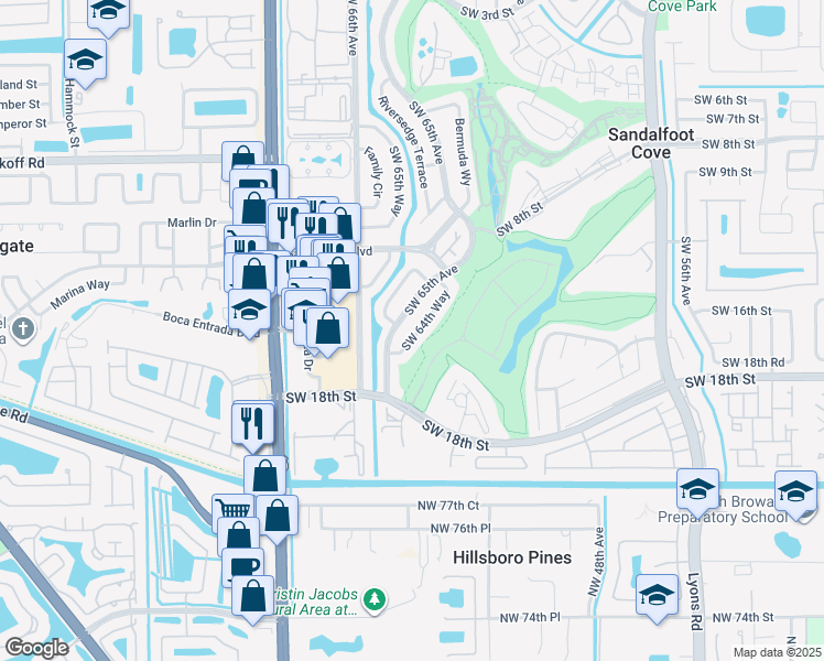 map of restaurants, bars, coffee shops, grocery stores, and more near 1630 Southwest 64th Way in Boca Raton