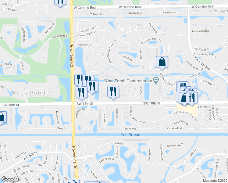 map of restaurants, bars, coffee shops, grocery stores, and more near 6707 Via Regina in Boca Raton