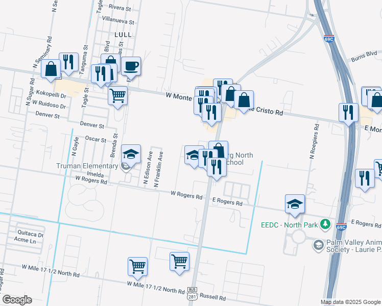 map of restaurants, bars, coffee shops, grocery stores, and more near 3101 North Closner Boulevard in Edinburg