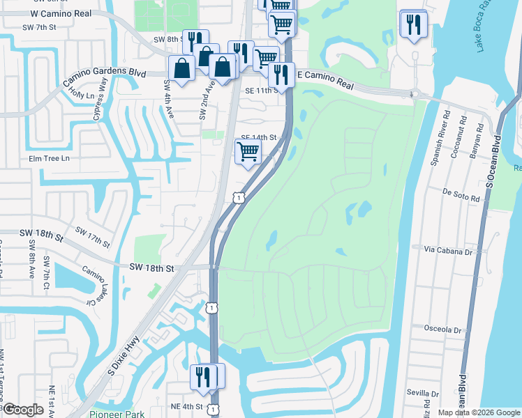 map of restaurants, bars, coffee shops, grocery stores, and more near 1801 Thatch Palm Drive in Boca Raton