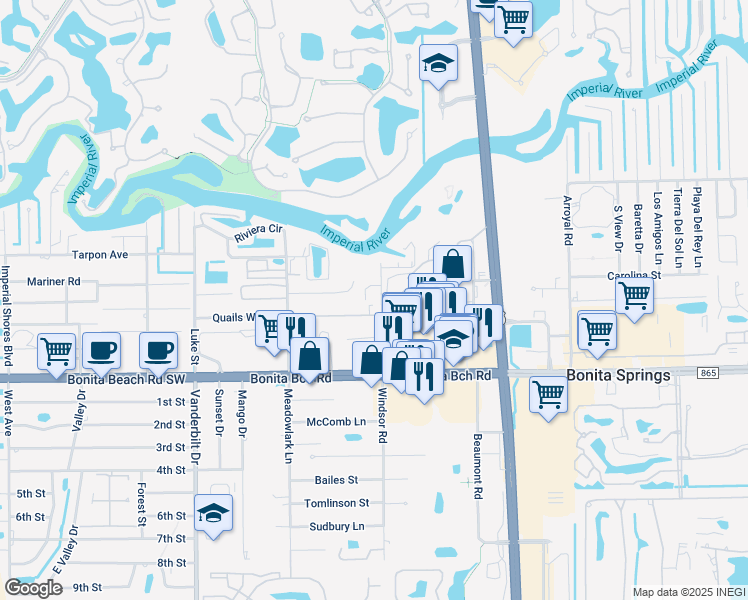 map of restaurants, bars, coffee shops, grocery stores, and more near 27850 Windsor Road in Bonita Springs