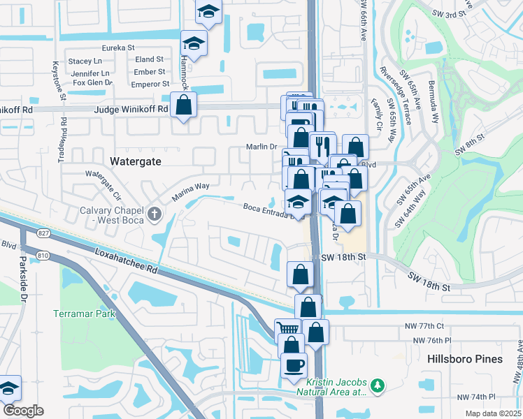map of restaurants, bars, coffee shops, grocery stores, and more near Boca Entrada Boulevard in Palm Beach County