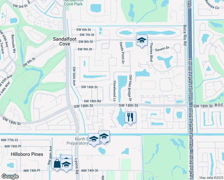 map of restaurants, bars, coffee shops, grocery stores, and more near 23040 Floralwood Lane in Boca Raton