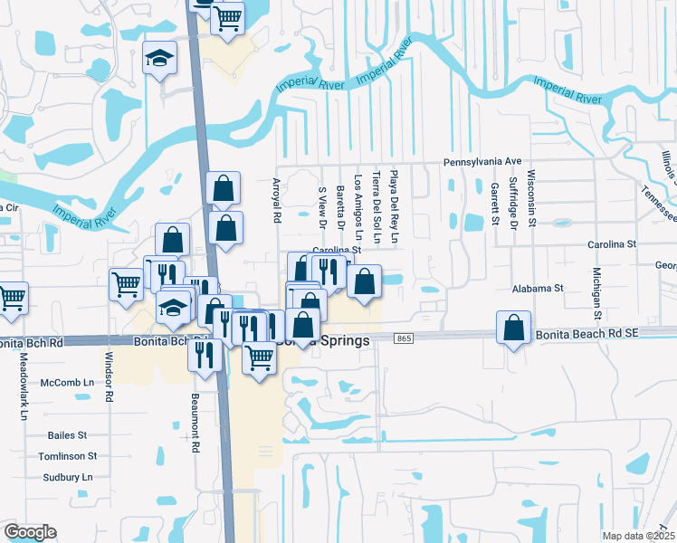 map of restaurants, bars, coffee shops, grocery stores, and more near 9160 Carolina Street in Bonita Springs