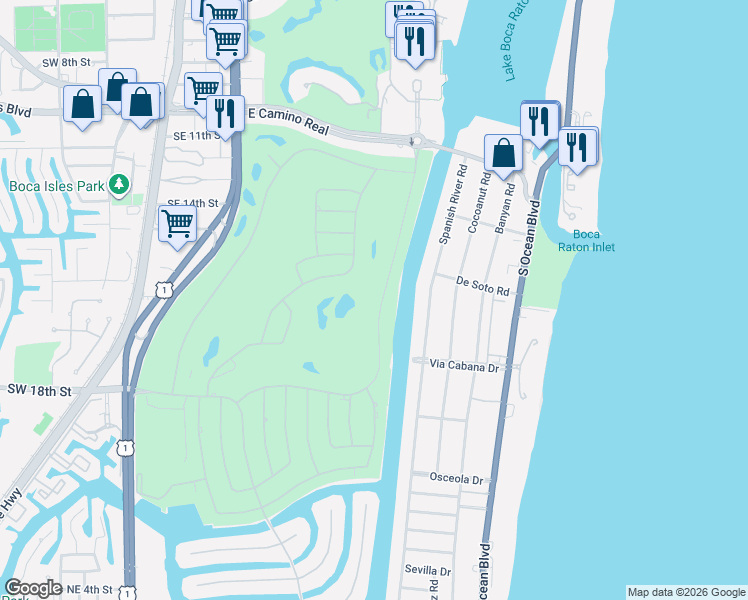 map of restaurants, bars, coffee shops, grocery stores, and more near 1739 Royal Palm Way in Boca Raton