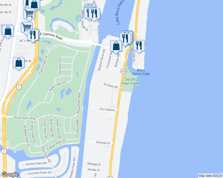 map of restaurants, bars, coffee shops, grocery stores, and more near 800 De Soto Road in Boca Raton