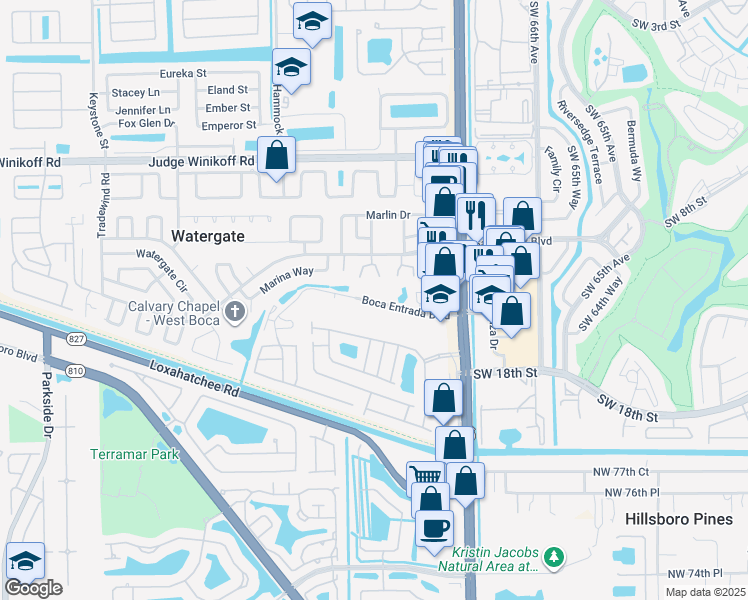 map of restaurants, bars, coffee shops, grocery stores, and more near 10235 Boca Entrada Boulevard in Boca Raton